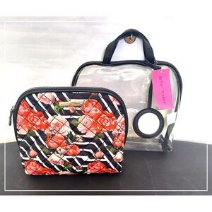 Betsey Johnson Womens Cosmetic Bag Set OS Black Floral Retro Clear Tote 2pc New‎